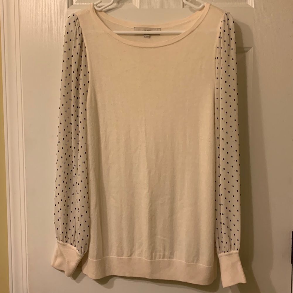 LOFT mixed media cream colored with black polka dots sweater, gently used